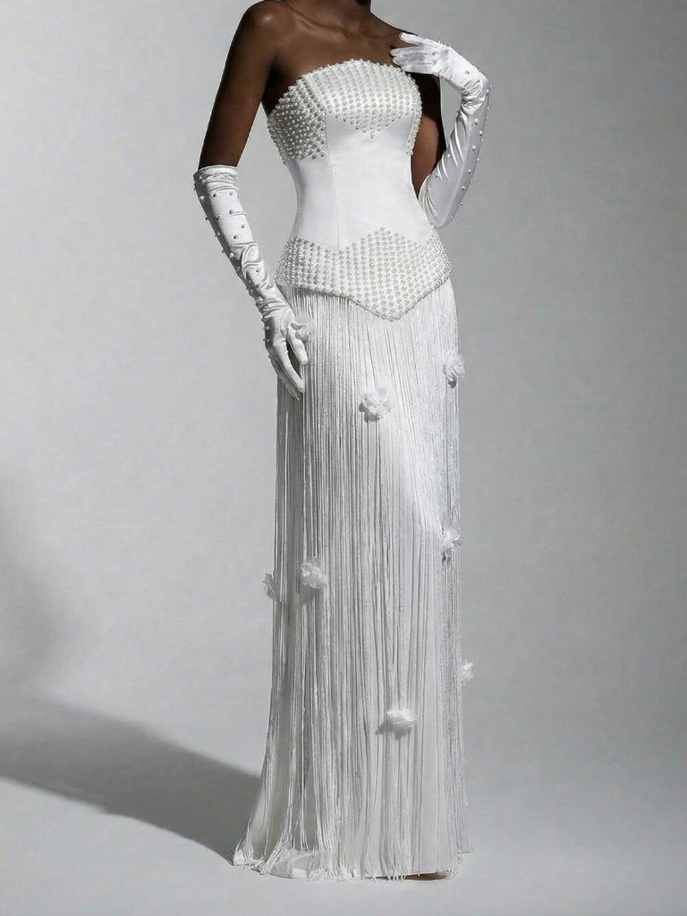 White Elegant Women's Ball Gown with Fishbone Pleats, Shoulder Padding
